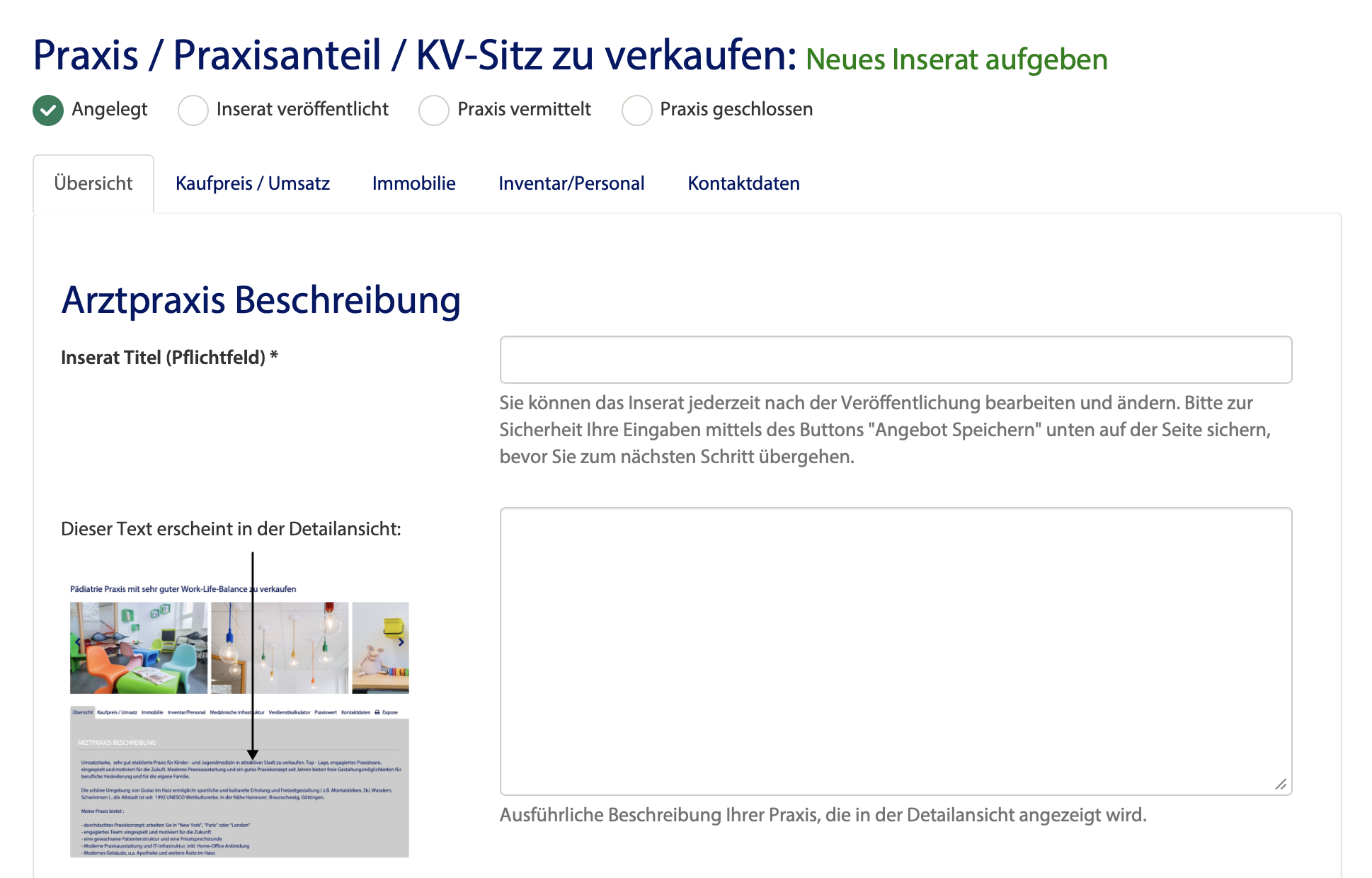 Formular zur Beschreibung einer Arztpraxis beim Praxisabgabe Inserat richtig aufgeben