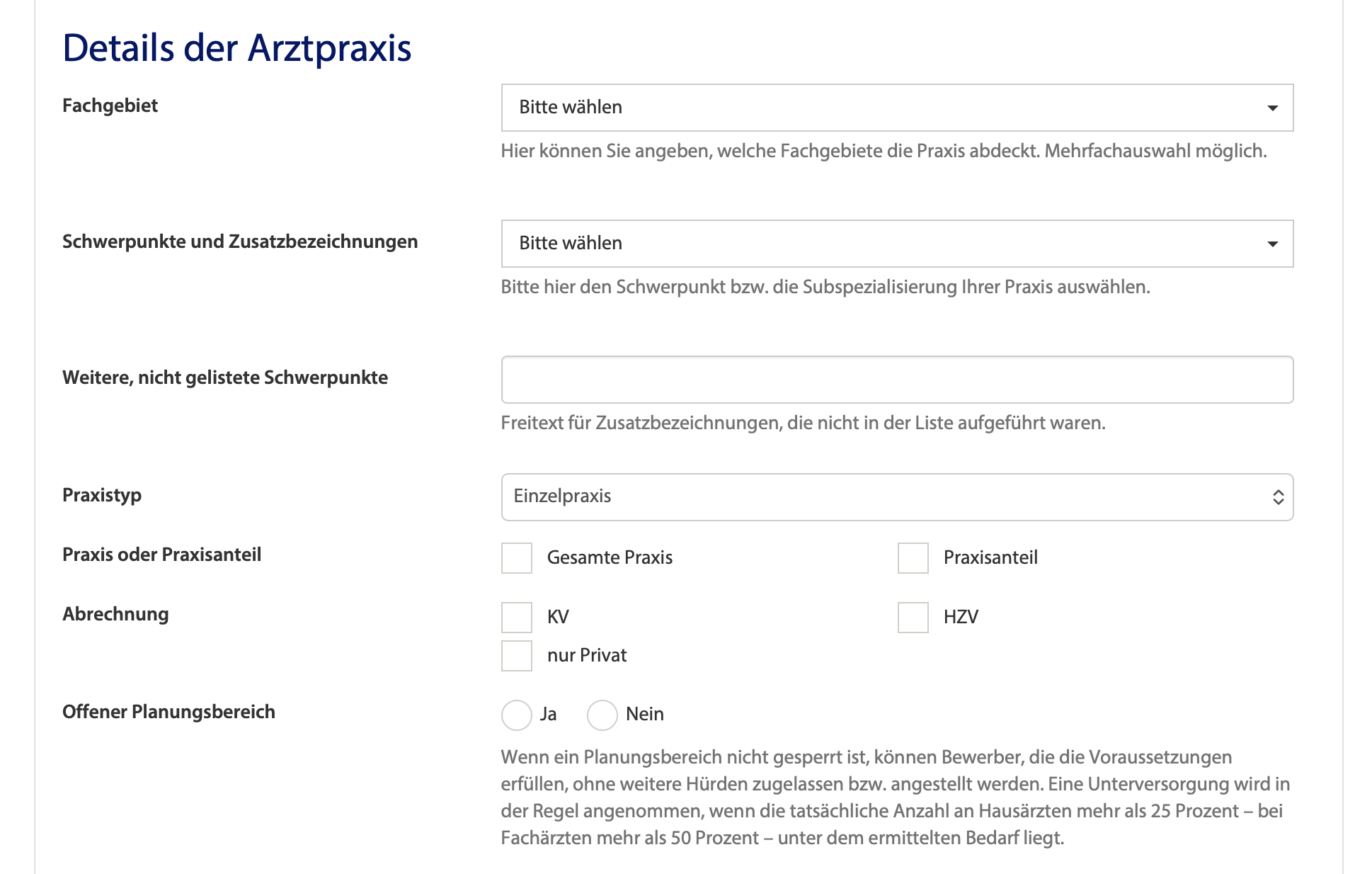 Formular für Fachgebiet, Schwerpunkte und Praxistyp bei einem Praxisabgabe Inserat