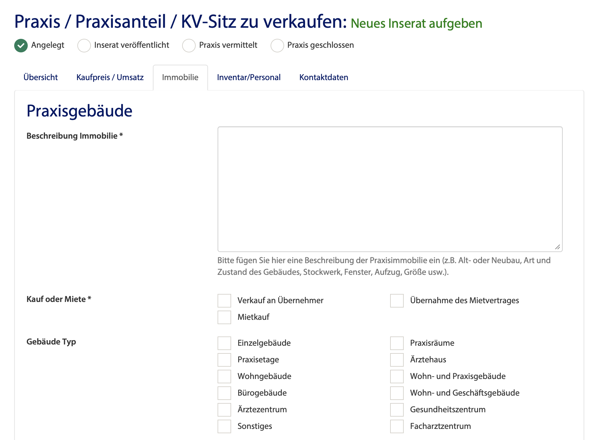 Formular zur Beschreibung des Praxisgebäudes und der Praxisimmobilie bei einem Praxisabgabe Inserat