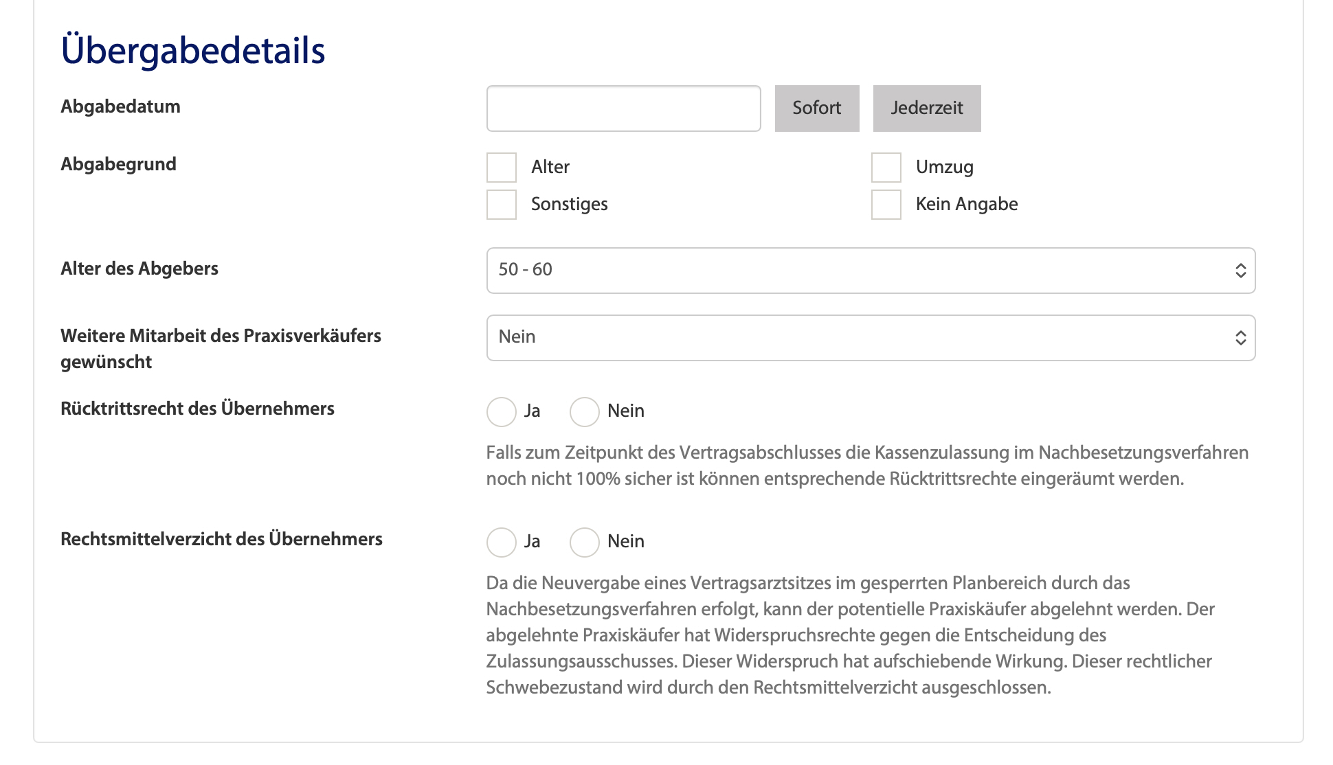 Formular für Übergabedetails bei einem Praxisabgabe Inserat mit Abgabedatum und Rücktrittsrecht