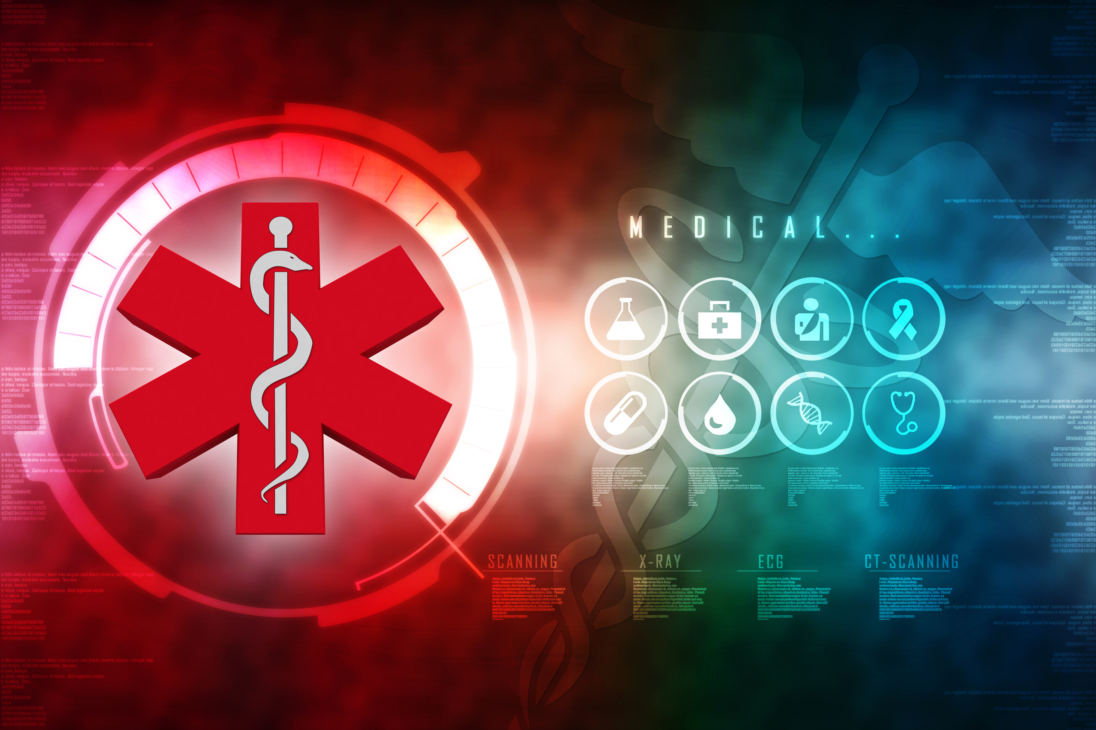 Rotes medizinisches Symbol mit digitalen Icons für Diagnostik, Datenanalyse und Künstliche Intelligenz im Gesundheitswesen“