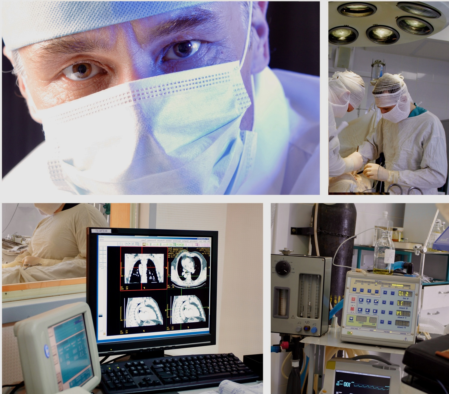 Chirurg:innen im OP, Nahaufnahme eines Arztes mit Maske, CT-Bilder am Monitor und medizinische Geräte. Darstellung moderner Arztpraxis mit KI und Medizintechnik